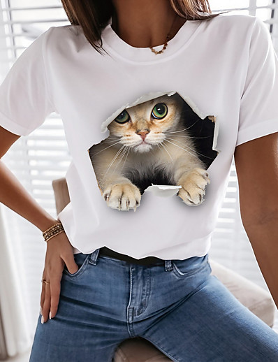 お買い得  レディースＴシャツ-女性用 面白いTシャツ Tシャツ 3D猫 猫 グラフィック 3D ラウンドネック プリント ベーシック トップの コットン１００％ ブラック ホワイト / 3Dプリント