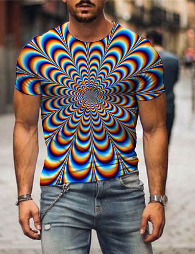 cheap Men-Men&#039;s Tee T shirt Shirt Graphic Optical Illusion 3D Print Classic Collar Plus Size Daily Weekend Short Sleeve Print Tops Basic Casual Green Blue Purple / Wet and Dry Cleaning