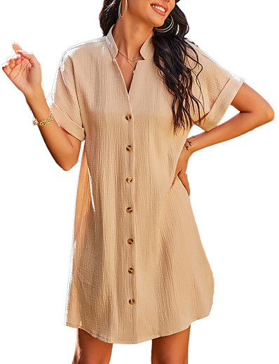 cheap Elegant Dresses-Women&#039;s A-Line Dress Short Mini Dress Short Sleeve Solid Color Split Button Summer Elegant Vintage 2021 Khaki S M L XL
