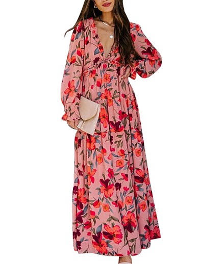 cheap DRESSES-Women&#039;s Chiffon Dress Maxi long Dress Long Sleeve Floral Ruched Spring Casual 2021 Blushing Pink S M L XL XXL 3XL
