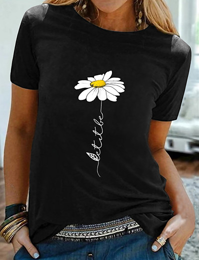 preiswerte T-Shirts-Damen T-Shirt Blumen Gänseblümchen Grafik Gänseblümchen Rundhalsausschnitt Bedruckt Grundlegend Oberteile 100% Baumwolle Schwarz