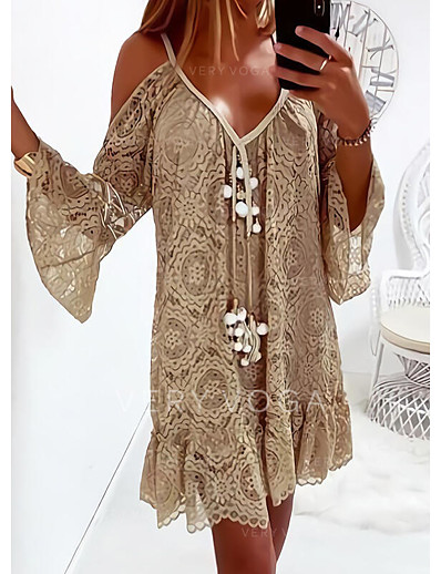 cheap DRESSES-Women&#039;s Sundress Short Mini Dress Short Sleeve Solid Color Lace Summer Casual Sexy 2021 Blue Khaki S M L XL XXL