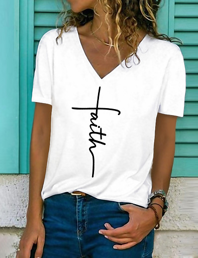 baratos Camisetas &amp; Camisas-Mulheres Camiseta Letra Decote V Imprimir Básico Vintage Blusas Branco / Impressão 3D
