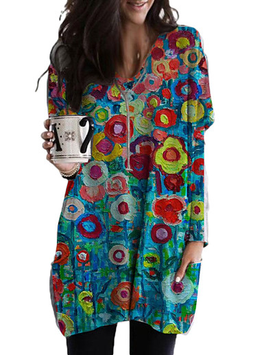 cheap DRESSES-Women&#039;s Shift Dress Short Mini Dress Long Sleeve Color Block Floral Print Fall Spring Casual 2021 Blue S M L XL XXL 3XL