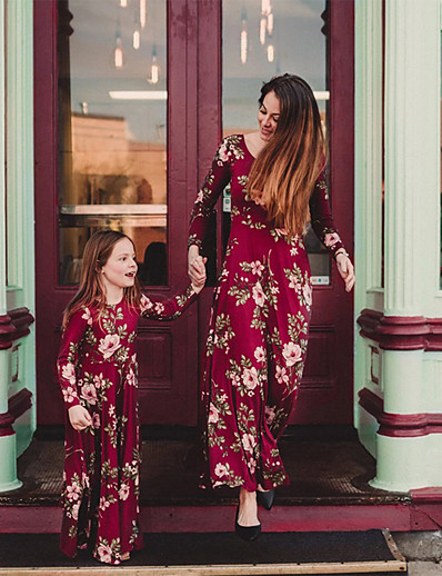 זול Family Matching Outfits-אמא ואני שמלה קזו&#039;אל פרח דפוס אודם מקסי שרוול ארוך פרחוני תלבושות תואמות / סתיו / אביב / קיץ