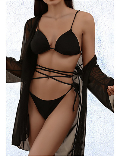 cheap Bikini Sets-Women&#039;s Bikini Three Piece Swimsuit Push Up Open Back Triangle Solid Color Black Swimwear Tunic Padded Strap Bathing Suits New Casual Sexy / Hole