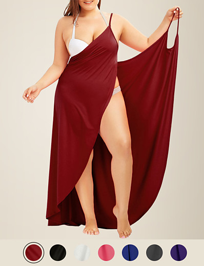 ราคาถูก คอลเลกชันพื้นฐาน-Litb Basic Women&#039;s Plus Size V Neck Beach Dress Strap Backless Bath Suit Solid Color Female Short Wrap Cover up