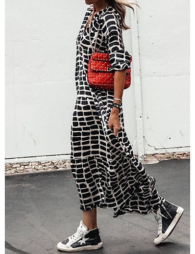 cheap DRESSES-Women&#039;s Sundress Maxi long Dress Long Sleeve Plaid Check Spring Summer Casual 2021 Black S M L XL XXL