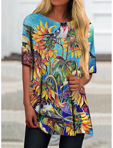 cheap DRESSES-Women&#039;s T Shirt Dress Tee Dress Short Mini Dress Half Sleeve Color Block Floral Print Spring Summer Casual 2021 Blue Yellow S M L XL XXL 3XL