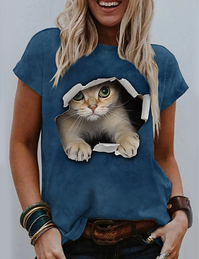 저렴한 기본 티 &amp;티셔츠-여성용 3D 고양이 T 셔츠 고양이 그래픽 3D 프린트 라운드 넥 베이직 탑스 푸른 옐로우 다크 그레이