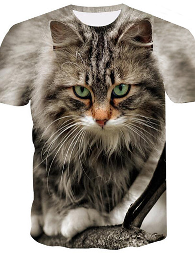 billige 3D til mænd-Herre T-Shirts T-shirt Skjorte Kat Grafisk 3D 3D-udskrivning Rund hals Fest Indendørs Kortærmet Trykt mønster Toppe Chic og moderne Blå Grå Grå / Dyr