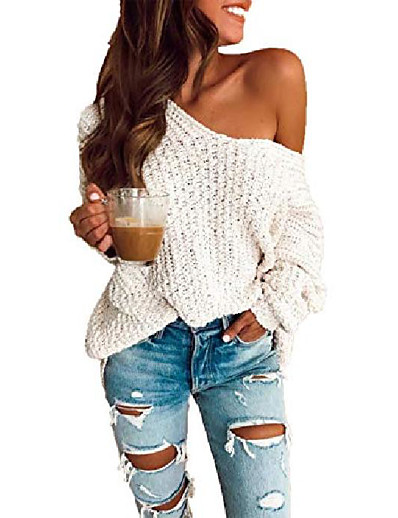 cheap Hoodies &amp; Sweatshirts-Women&#039;s Pullover Sweater Jumper Solid Color Knitted Stylish Basic Casual Long Sleeve Sweater Cardigans Fall Winter Spring V Neck White / Loose