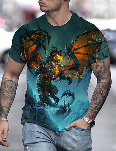 cheap Men&#039;s Tees &amp; Tank Tops-Men&#039;s Tee T shirt Shirt Dragon Graphic Anime 3D Print Crew Neck Plus Size Daily Holiday Short Sleeve Print Tops Streetwear Exaggerated Golden Blue Rainbow