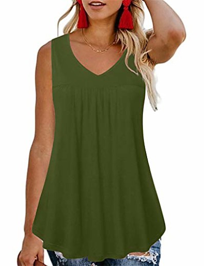 billiga Linnen-aihihe kvinnors sommar avslappnad lös ärmlös v-ringad t-shirt tunika toppar blusskjortor flytande linne för kvinnor armégrön