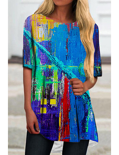 cheap DRESSES-Women&#039;s T Shirt Dress Tee Dress Short Mini Dress Half Sleeve Color Block Geometric Print Spring Summer Casual 2021 Blue Red Yellow Fuchsia Green Navy Blue S M L XL XXL 3XL