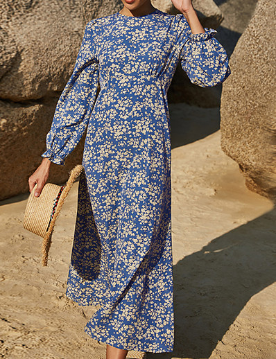 cheap DRESSES-Women&#039;s Sundress Midi Dress Long Sleeve Color Block Floral Summer Casual 2021 Black Blue S M L XL