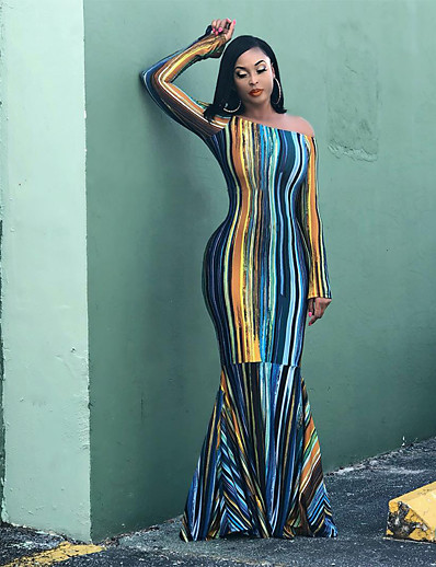 cheap DRESSES-Women&#039;s Sheath Dress Maxi long Dress Long Sleeve Striped Spring Summer Vintage 2021 Rainbow S M L XL XXL
