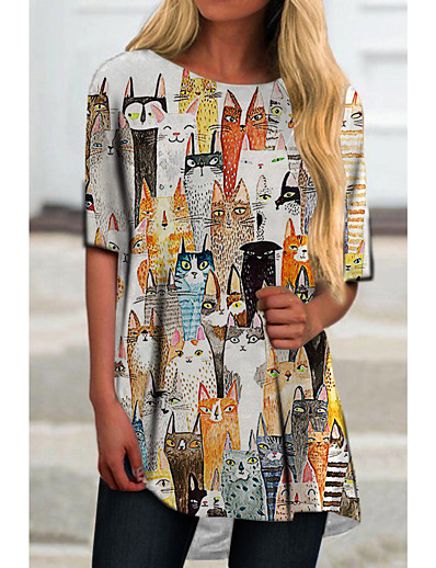 cheap DRESSES-Women&#039;s T Shirt Dress Tee Dress Short Mini Dress Half Sleeve Cat Color Block Animal Print Spring Summer Casual 2021 White Black Blue Yellow Green S M L XL XXL 3XL