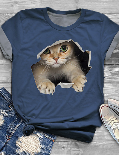 halpa Plus-koon topit-Naisten Plus-koko Topit Kissa Kuvitettu 3D T-paita Painettu Pyöreä kaula-aukko Lyhythihainen Kevät Kesä Perus Iso koko / Pluskoko / Pluskoko