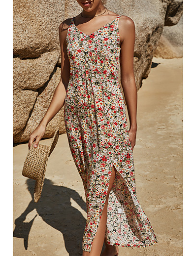 cheap DRESSES-Women&#039;s Strap Dress Midi Dress Sleeveless Color Block Floral Split Summer Casual 2021 Blue Red Yellow S M L XL