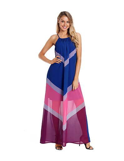 cheap Elegant Dresses-Women&#039;s Strap Dress Maxi long Dress Sleeveless Color Block Geometric Spring Summer Elegant 2021 Blue Yellow Blushing Pink S M L XL XXL