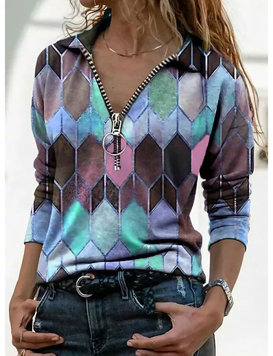 cheap Women-Women&#039;s T shirt Color Block Graphic Prints Long Sleeve Quarter Zip Print V Neck Shirt Collar Tops Basic Basic Top Blue Purple Orange