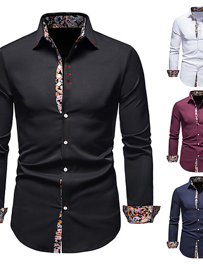 cheap Men-Men&#039;s Shirt Abstract Other Prints Button Down Collar Daily Long Sleeve Tops White Black Wine