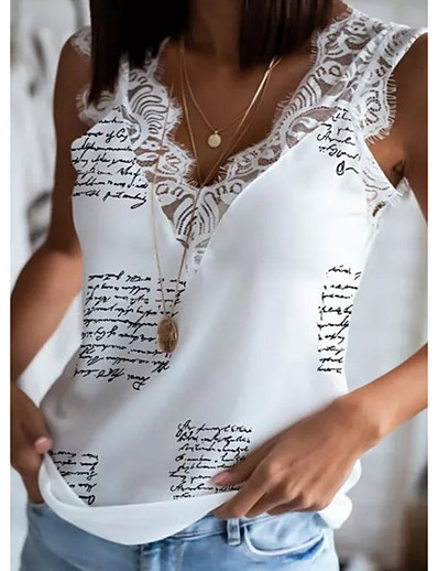 hesapli Askılı Üstler-Kadın&#039;s Dışarı Çıkma Kaşkorse Yelek T gömlek Harf Kırk Yama Dantel Trim Desen V Yaka Temel Seksi Üstler Beyaz Siyah Açık Kahverengi