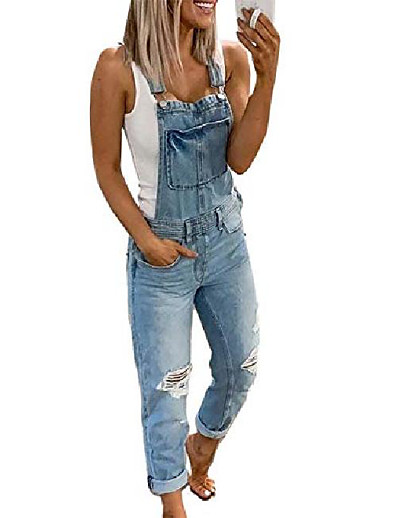 cheap Women-Women&#039;s Active Casual Street Daily Wear 2021 Light Blue Camouflage Gray Overall Camouflage Solid Color Denim Cotton / U Neck