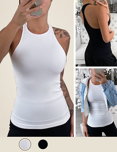 cheap Basic Collection-LITB Basic Women&#039;s Rib-knit Slim Fit Tank Round Neck Solid Colored Sleeveless Simple Daily Comfy Sexy Top