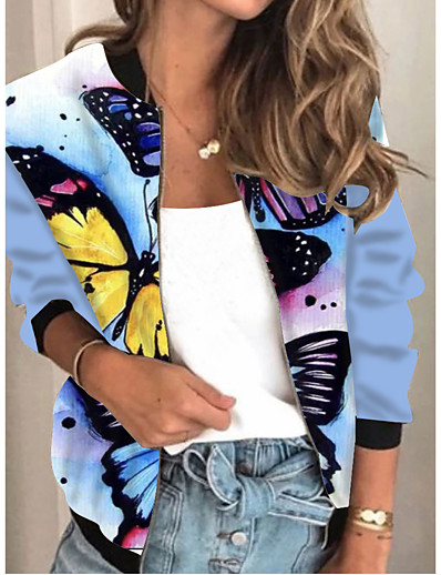 hesapli Ceketler-Kadın&#039;s Ceketler İlkbahar &amp; Kış Günlük Tatil Normal Ceket Normal Actif Sokak Şıklığı Ceketler Uzun Kollu Desen Hayvan Desenli Zıt Renkli Beyaz Açık Mavi