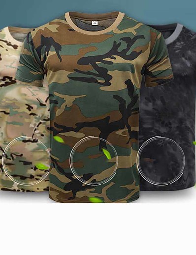 cheap Hunting Clothing-Men&#039;s Camo Camouflage Hunting T-shirt Tactical Military Shirt Short Sleeve Outdoor Quick Dry Breathable Sweat-Wicking Summer Polyester Top Camping / Hiking Hunting Performance Combat Army Green