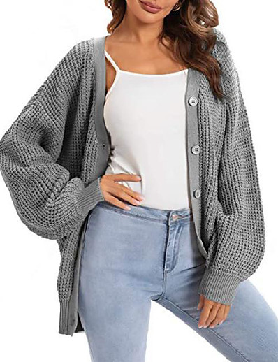 cheap Cardigans-Women&#039;s Cardigan Solid Color Button Cotton Casual Long Sleeve Loose Sweater Cardigans Fall Winter Spring Open Front Purple Army Green Navy Blue