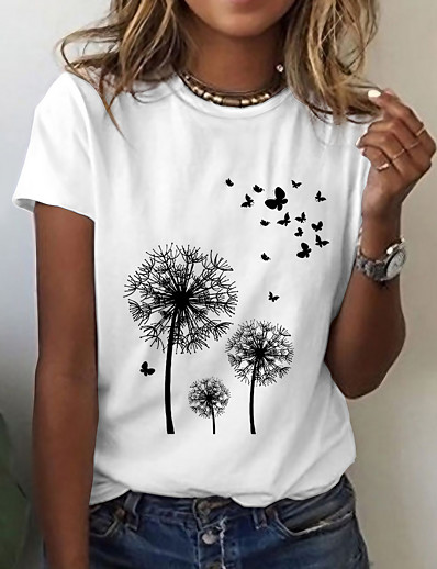 cheap Tees &amp; T Shirts-Women&#039;s T shirt Graphic Butterfly Dandelion Print Round Neck Tops Basic Basic Top White Black