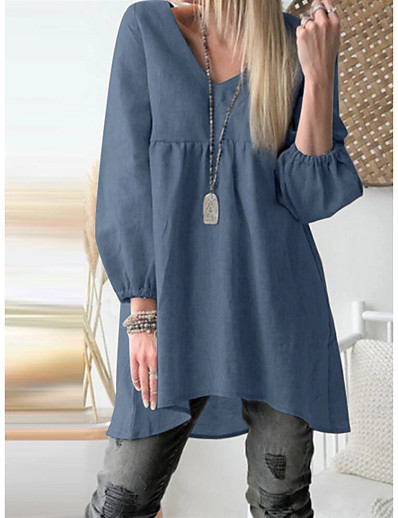 저렴한 여성용 의류-litb 기본 여성용 무릎 길이 셔츠 드레스 코튼 스커트 퍼프 슬리브 단색 데일리