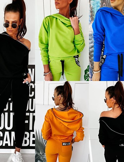 cheap Sports Athleisure-Women&#039;s Sweatsuit 2 Piece Set Pure Color Zipper Slash Neck Letter &amp; Number Sport Athleisure Clothing Suit Long Sleeve Breathable Soft Comfortable Everyday Use Casual Daily Outdoor / Winter