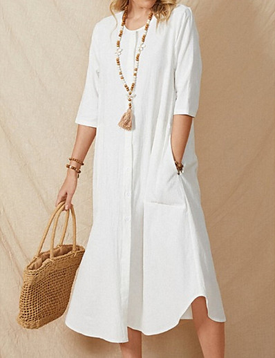 cheap Women-Women&#039;s Cotton Linen Dress Maxi long Dress White Half Sleeve Solid Color Classic Retro Pure Color Spring Summer Round Neck Chic &amp; Modern Casual T-shirt Sleeve Loose Retro S M L XL XXL 3XL