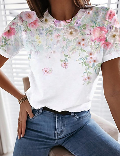 저렴한 기본 티 &amp;티셔츠-여성용 꽃 테마 페인팅 T 셔츠 플로럴 그래픽 프린트 라운드 넥 베이직 탑스 화이트