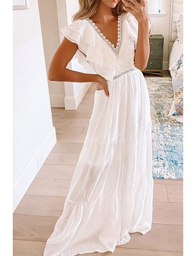 cheap Women-Women&#039;s Maxi long Dress A Line Dress Short Sleeve Modern Style Lace Solid Color V Neck Spring Summer Party Casual Sexy 2022 S M L XL XXL