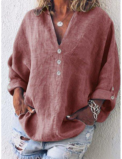 ieftine Bluze Mărime Plus-Pentru femei Plus Size Topuri Bluză Cămașă Simplu Manșon Lung În V Roșu-aprins Marime mare L XL 2XL 3XL 4XL / Mărime Plus / Mărime Plus