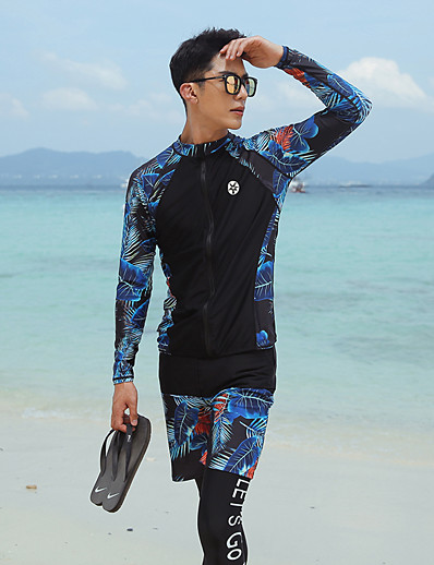 cheap Sportswear-Men&#039;s Rash Guard Dive Skin Suit Spandex Swimwear UV Sun Protection Quick Dry Long Sleeve 3-Piece - Swimming Diving Surfing Snorkeling Floral / Botanical Autumn / Fall Spring Summer