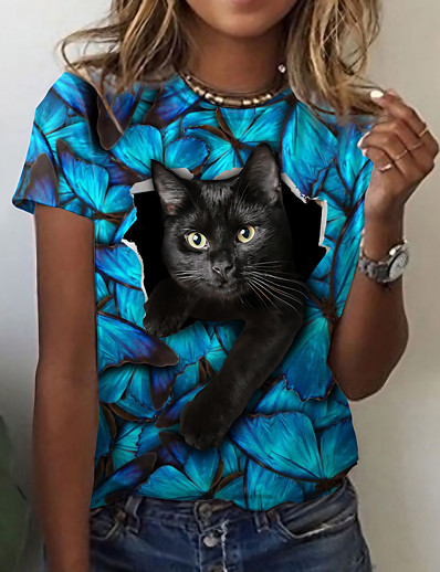 baratos Camisetas &amp; Camisas-Mulheres Gato 3D Camiseta Gato Gráfico 3D Estampado Decote Redondo Básico Blusas Azul