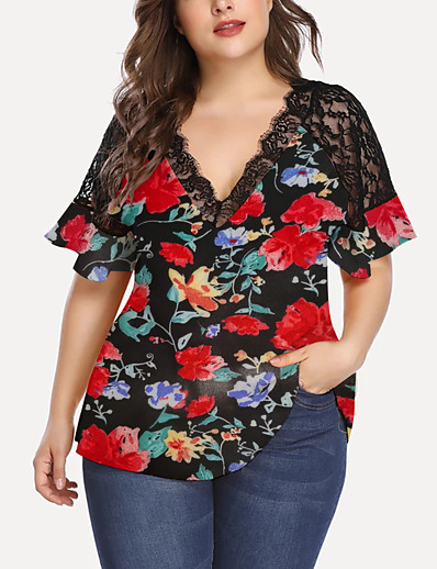 ieftine Bluze Mărime Plus-Pentru femei Plus Size Topuri Floral Grafic Bluză Dantelă Peteci În V Manșon scurt Vară Hawaiană Roșu Marime mare XL XXL 3XL 4XL 5XL / Mărime Plus / Mărime Plus / Imprimeu