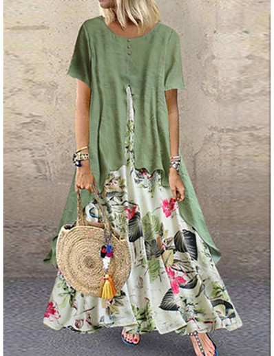 Χαμηλού Κόστους Τάσεις της μόδας 2022-Γυναικεία Φόρεμα ριχτό από τη μέση και κάτω Μακρύ φόρεμα Βυσσινί Κίτρινο Ροζ Πράσινο του τριφυλλιού Πορτοκαλί Κοντομάνικο Φλοράλ Πολυεπίπεδο Κουρελού Κουμπί Άνοιξη Καλοκαίρι Στρογγυλή Λαιμόκοψη