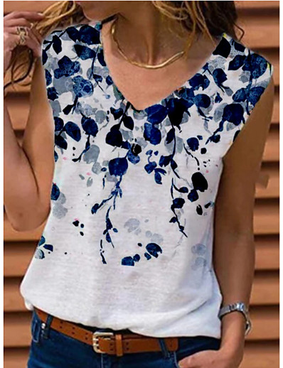 cheap Tank Tops-Women&#039;s Floral Theme Blouse Tank Top Vest Floral V Neck Tops White Blue Purple
