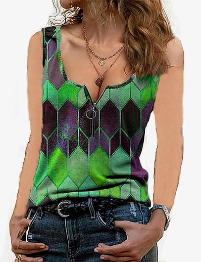 billige Tank Tops-Dame Tanktop Vest T-shirt Grafisk Farveblok Lynlås Trykt mønster V-hals Basale Gade Toppe Lilla Lyserød Rosa
