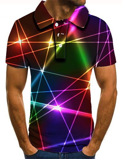 cheap Men-Men&#039;s Golf Shirt Tennis Shirt Graphic Prints Linear 3D Print Collar Street Casual Short Sleeve Button-Down Tops Casual Fashion Cool Rainbow / Sports