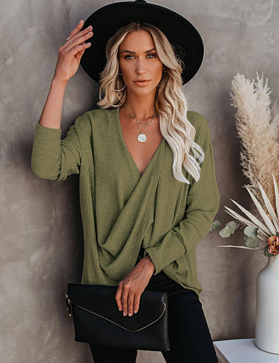 cheap Basic Collection-Women&#039;s Blouse Long Sleeve Plain V Neck Tops White Gray Army Green