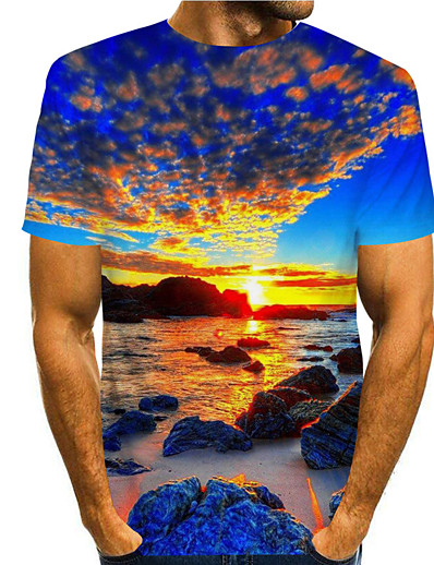 cheap Men-Men&#039;s Tee T shirt Shirt Graphic Prints Beach 3D Print Round Neck Daily Holiday Short Sleeve Print Tops Casual Designer Big and Tall Blue / Summer