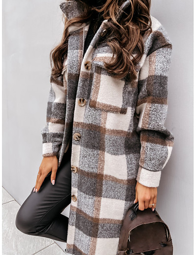 cheap Women-Women&#039;s Trench Coat Fall Winter Spring Holiday Going out Long Coat Warm Regular Fit Casual Streetwear Jacket Long Sleeve Patchwork Plaid Gray Khaki Brown